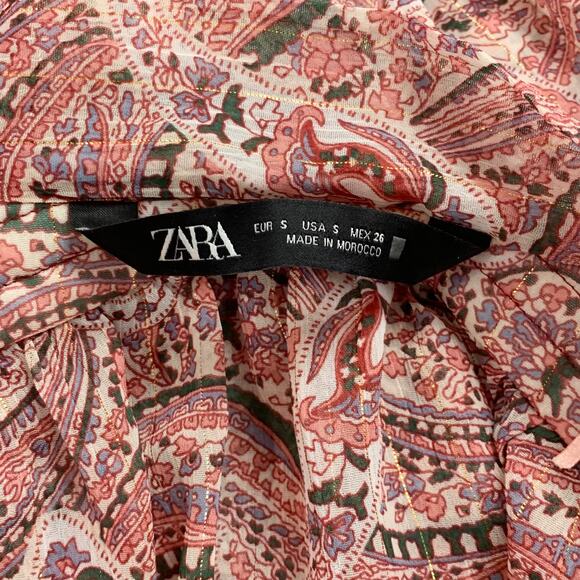 ZARA Paisley Metallic Neck Bow Pussybow Blouse, Pink - Picture 9 of 9